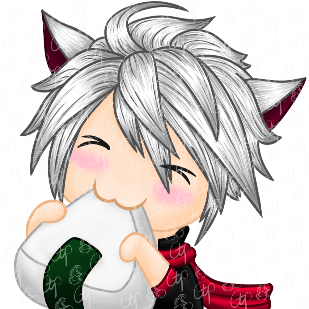 emote white hair cat eating onigiri